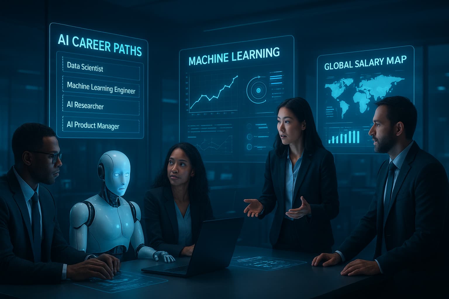 A futuristic corporate workspace where diverse professionals collaborate with an AI humanoid robot, surrounded by glowing blue holographic screens displaying AI career paths, machine learning graphs, and global salary maps.